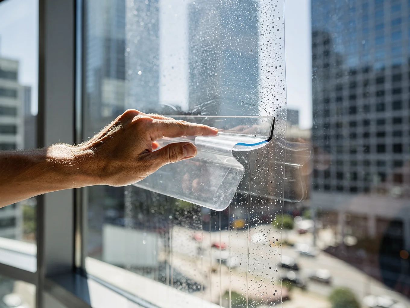 Close-up squeegee pass smoothing film onto architectural window glass