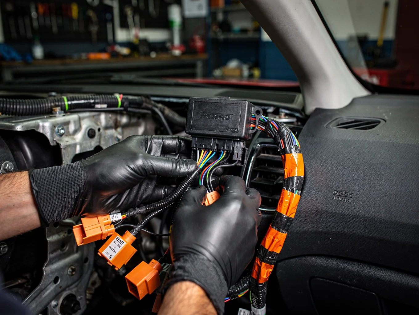 Precision vehicle alarm sensor and harness security installation in garage bay