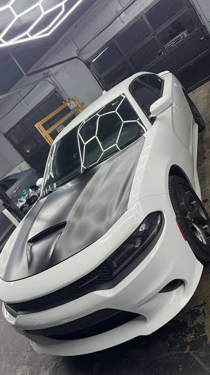 White Dodge Charger with matte black hood
