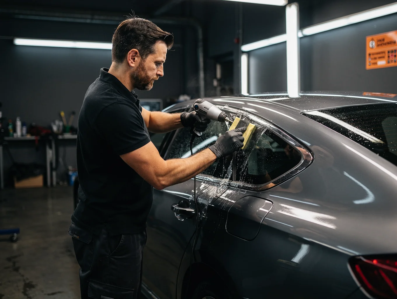 Technician heat-shrinking rear window tint film