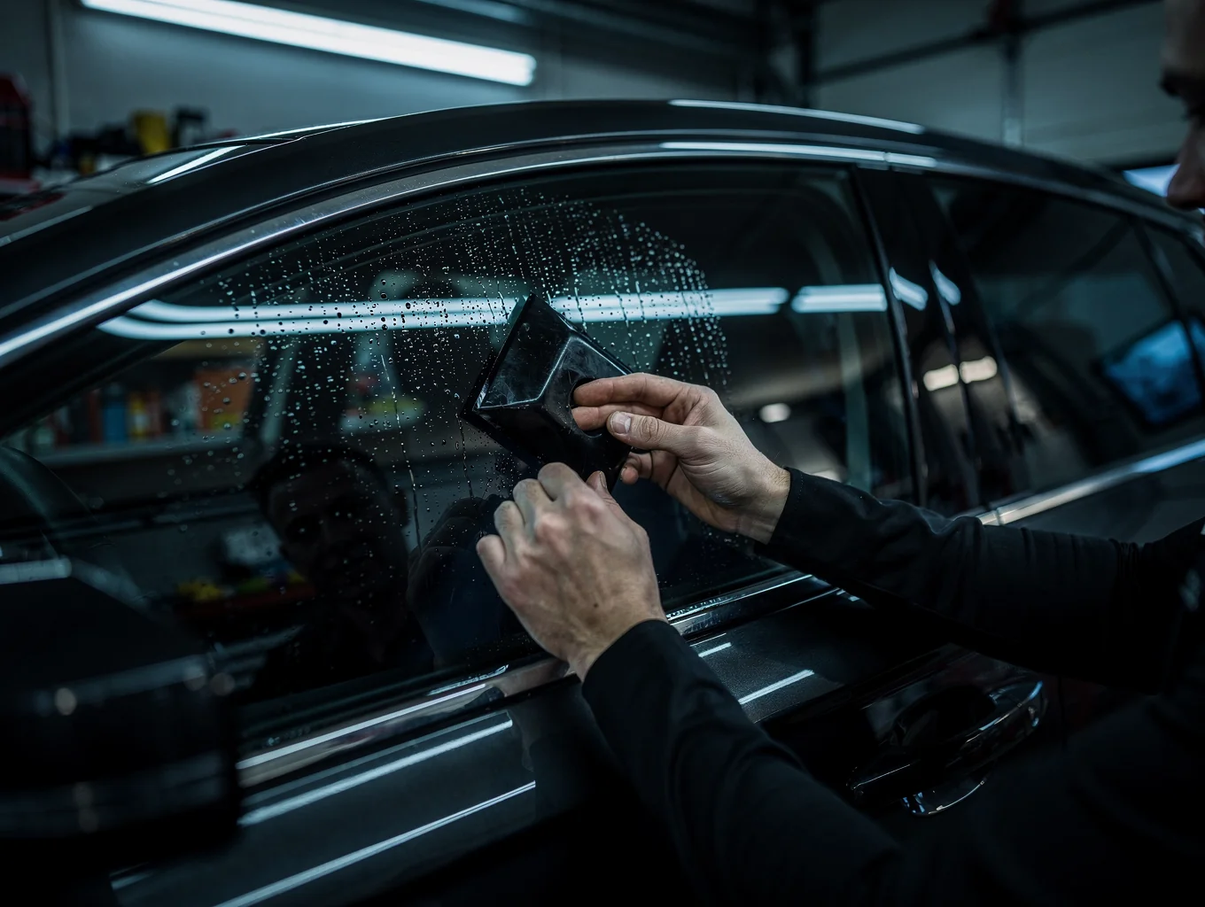 Side window film squeegee application on automotive glass